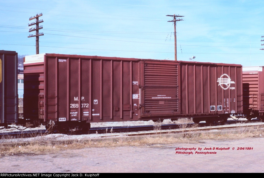 Missouri Pacific, MP 269072, 60 single door box car. Pittsburgh, Pennsylvania. February 4, 1991. 